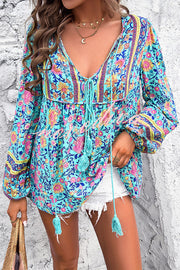 Intricate Floral Print V Neck Lace Up Paneled Long Sleeve Shirt