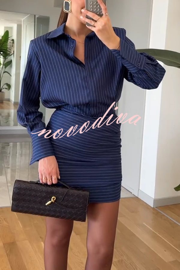 Simple and Sexy Stripe Print Long Sleeve Ruched Hem Shirt Mini Dress