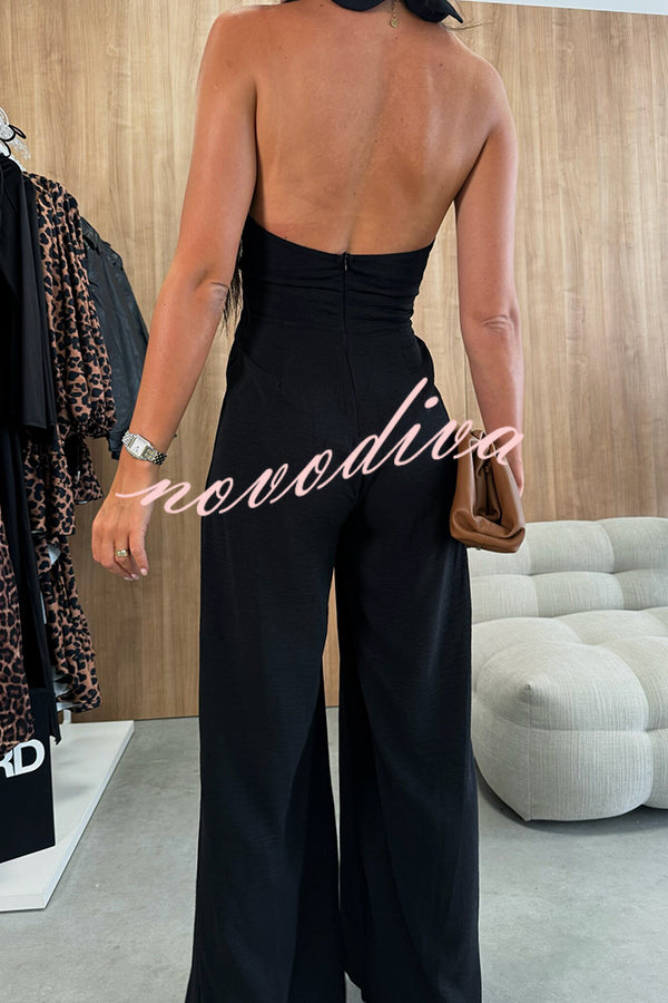 Easy Mode Cross-neck Halter Strap Backless Wide Leg Jumpsuit
