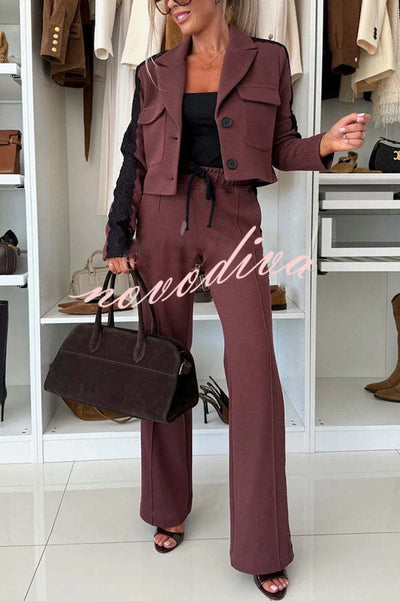 Fashion Lace Panel Long-sleeved Crop Top and Elastic Waist Tie Pocket Casual Pants Set