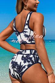 Solid Color Contrast High Waist Stretch Bikini Swimsuit