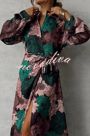 Floral Print Lapel Waisted Lace-up Long-sleeve Maxi Dress