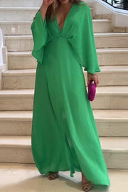 Solid Color V Neck High Waist Slit Casual Maxi Dress