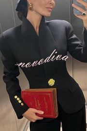 Classic Luxury Unique Metal Button Stand Collar Long Sleeve Blazer