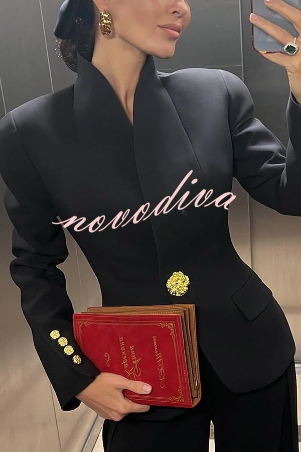 Classic Luxury Unique Metal Button Stand Collar Long Sleeve Blazer