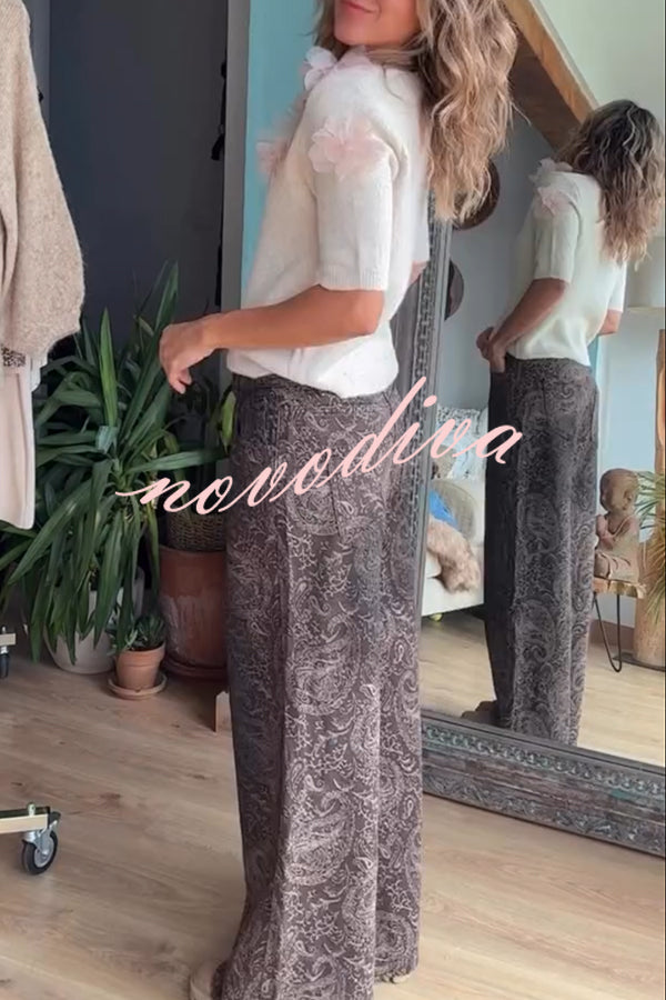 Alboran Knit Organza Flowers Detail Short Sleeve Loose Sweater