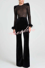 Monique Fish Scale Lace Sequin Velvet Patchwork Feather Trim Stretch Flare Jumpsuit