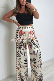 Satin Plant Print Elastic Waist Loose Wide Leg Pants