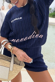 Fashionable Hollow Knit Short-sleeved Top and Elastic High-waist Casual Shorts Set