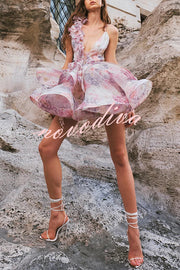 Floral Print V-neck Halter Back Tie Double Layer Mini Dress