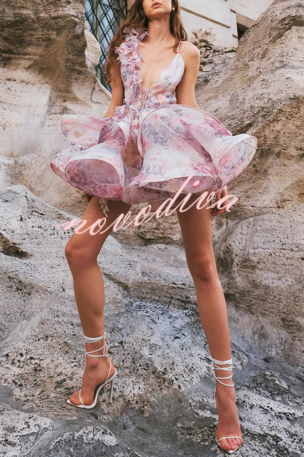 Floral Print V-neck Halter Back Tie Double Layer Mini Dress