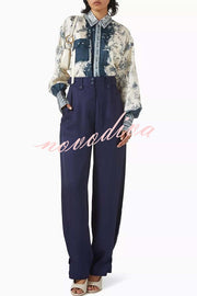 Bohemian Elegant Satin Contrast Color Unique Print Button Up Pocket Loose Blouse