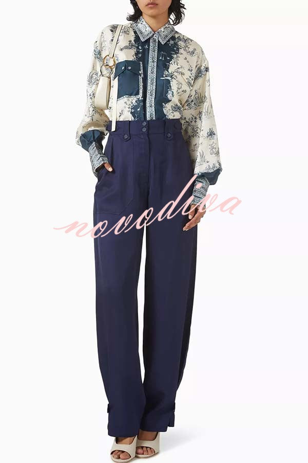 Bohemian Elegant Satin Contrast Color Unique Print Button Up Pocket Loose Blouse