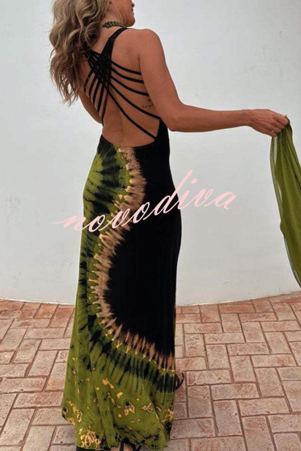 Summer Adventures Tie-dye Print Back Lace-up Stretch Maxi Dress