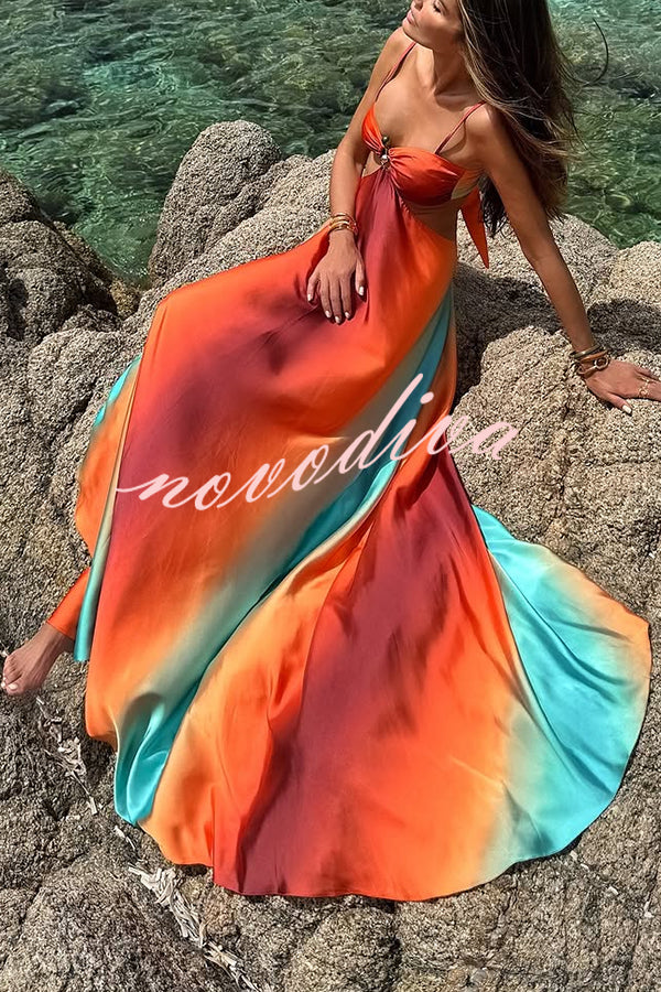 Neon Sunset Printed Metal Decoration Cutout Back Tie-up Vacation Maxi Dress