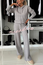 Solid Color Loose Hooded Tie Sweatshirt and Elastic Waist Casual Straight Pants Set