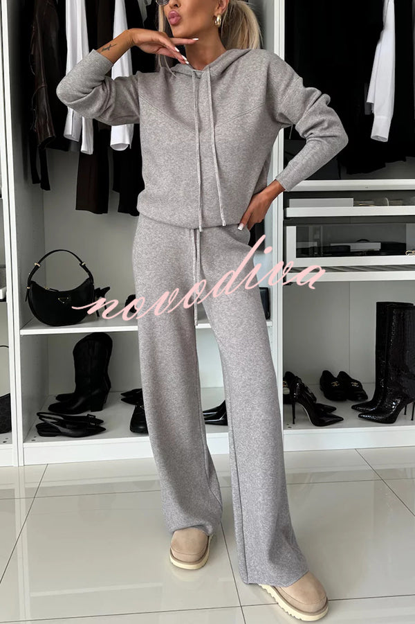 Solid Color Loose Hooded Tie Sweatshirt and Elastic Waist Casual Straight Pants Set