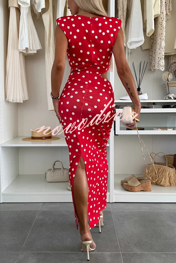 Roxane Polka Dot Print Shoulder Pad Metal Cutout Waist Slit Stretch Maxi Dress