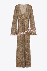 Fashion Sequined Hollow V-neck Long-sleeved Holiday Midi Dress