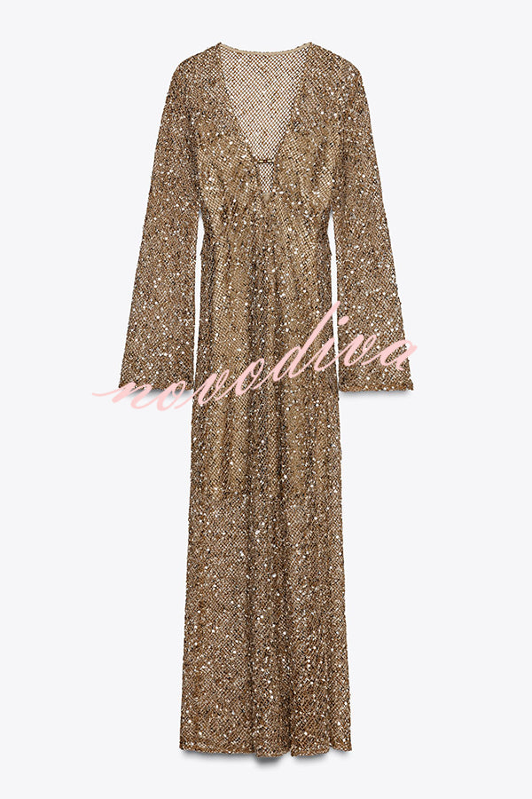 Fashion Sequined Hollow V-neck Long-sleeved Holiday Midi Dress