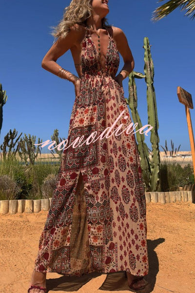 Boho Unique Printed Ring Halter Neck Open Back Slit Maxi Dress