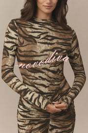 Winston Animal Print High-neck Long Sleeve Ruched Hip Stretch Maxi Dress