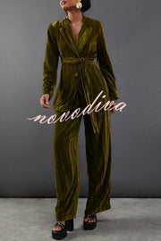 Solid Color Velvet Long-sleeved Waist Tie Top and Elastic Waist Casual Pocket Straight-leg Pants Set