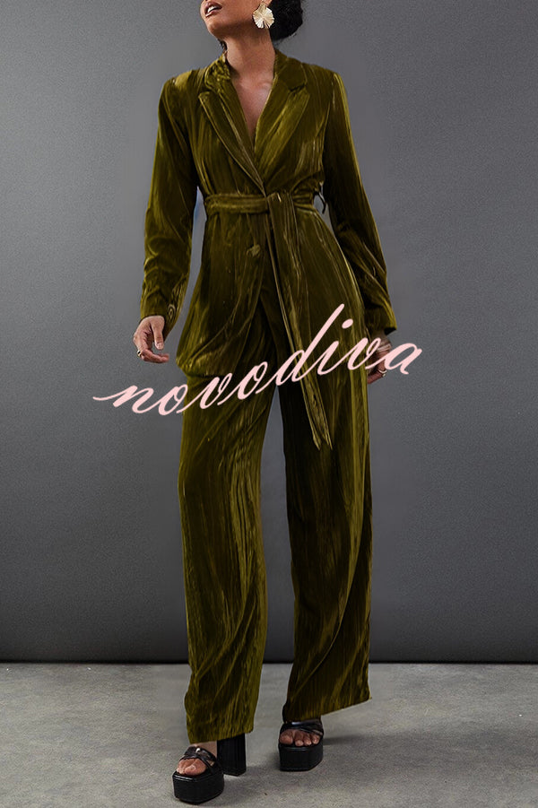 Solid Color Velvet Long-sleeved Waist Tie Top and Elastic Waist Casual Pocket Straight-leg Pants Set