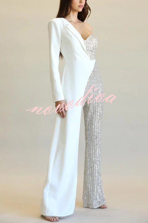 Fashionable Sequined Patchwork One-sided Long-sleeved Asymmetrical Jumpsuit