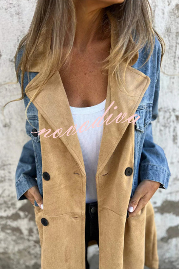 Fashion Lapel Long Sleeve Pocket Mid-length Denim Patchwork Jacket