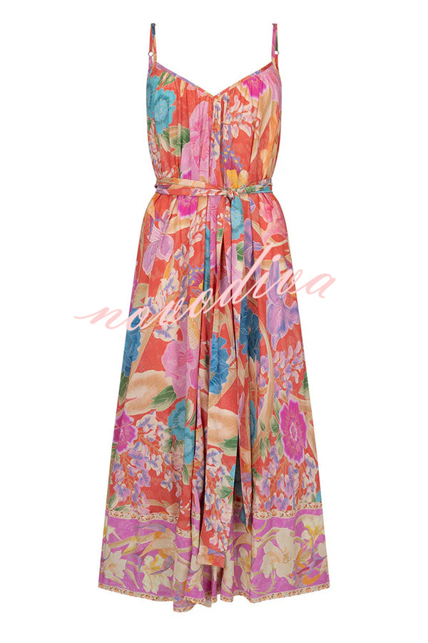 Painter's Garden Boho Floral Print Strappy A-line Maxi Dress