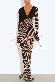 City Night Chiffon Colorblock Animal Print Tie-up Long Sleeve Maxi Dress