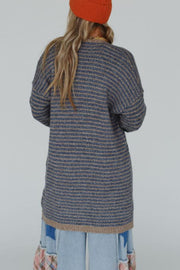 Fashion Contrast Striped Loose Long-sleeved Mid-length Knitted Cardigan