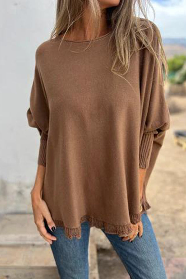 Solid Color Loose Long Sleeve Lace Knitted Sweater