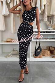 Roxane Polka Dot Print Shoulder Pad Metal Cutout Waist Slit Stretch Maxi Dress