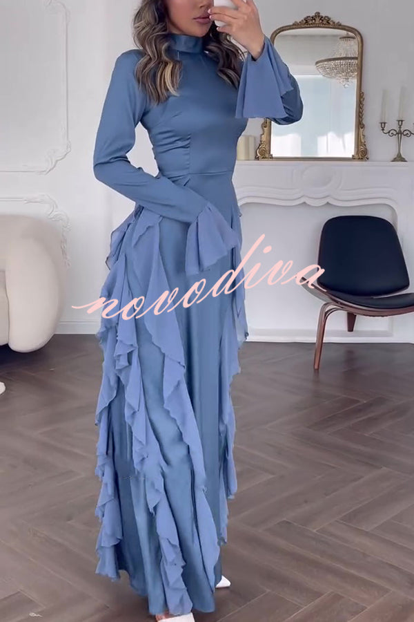 Cline Solid Color High Neck Long Sleeve Elegant Ruffles Maxi Dress