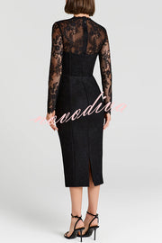 Mylene Lace Corset Cut Sweetheart Tie-up Neck Sheer Long Sleeve Slit Midi Dress