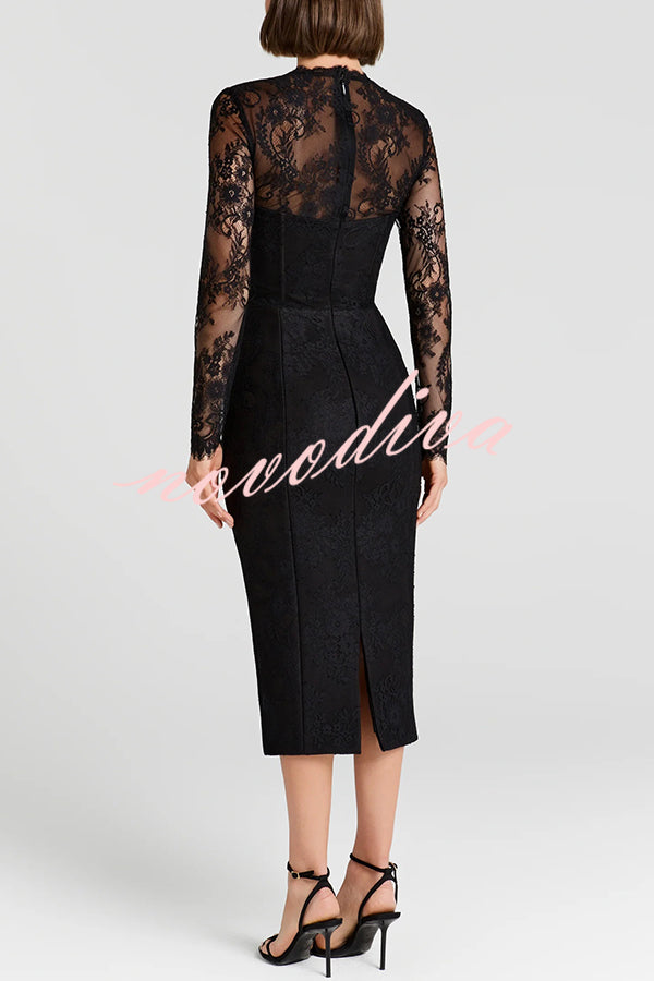 Mylene Lace Corset Cut Sweetheart Tie-up Neck Sheer Long Sleeve Slit Midi Dress