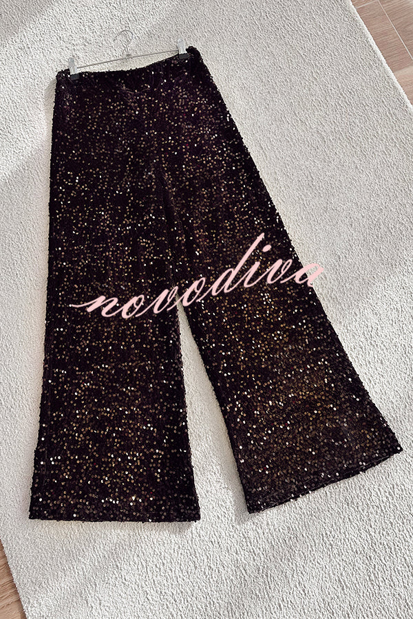 Chic and Merry Velvet Sequin High Rise Elastic Waist Flare Pants