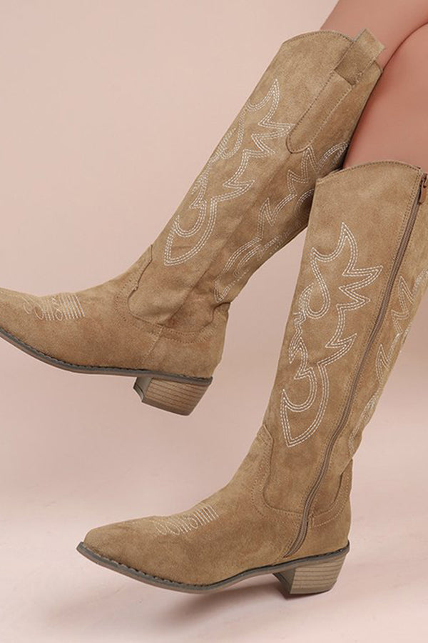 Retro Embroidered Block Heel Mid-calf Western Cowboy Martin Boots