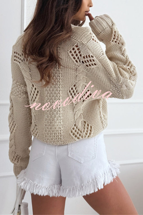Fashion Hollow Long Sleeve V-neck Button Loose Knitted Cardigan