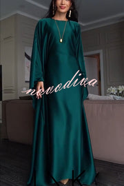 Dignified and Elegant Satin Batwing Sleeve with Waist Tie Design A-line Maxi Dress