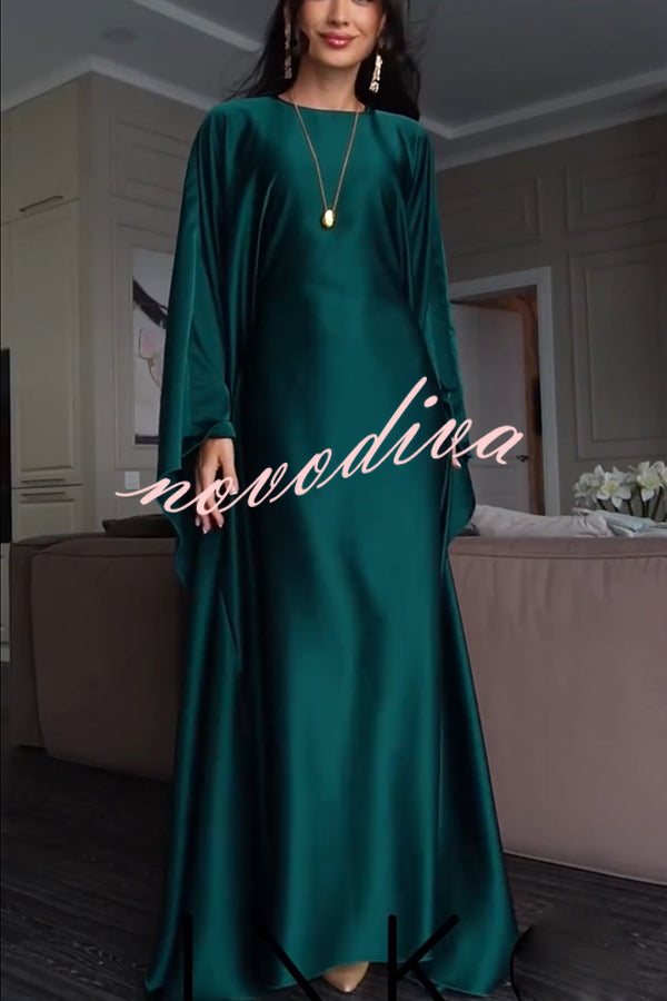 Dignified and Elegant Satin Batwing Sleeve with Waist Tie Design A-line Maxi Dress