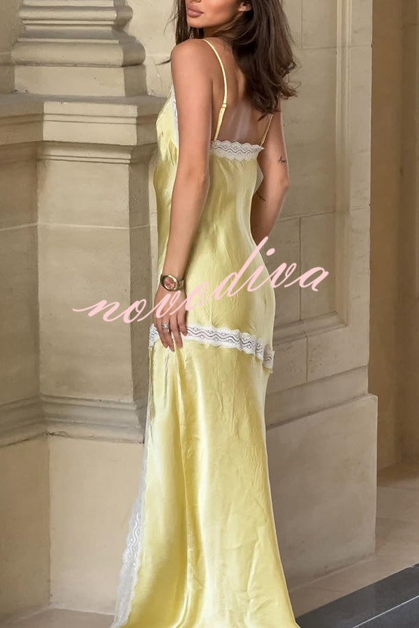 Sweet Trend Satin Lace Trim V-neck Slit Slip Maxi Dress