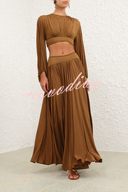 Dramatic Queen Gathered Batwing Sleeve Crop Top and Elastic Waist Slit Maxi Skirt Set