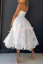 Elegant Openwork Lace Strapless Full-hem Midi Dress