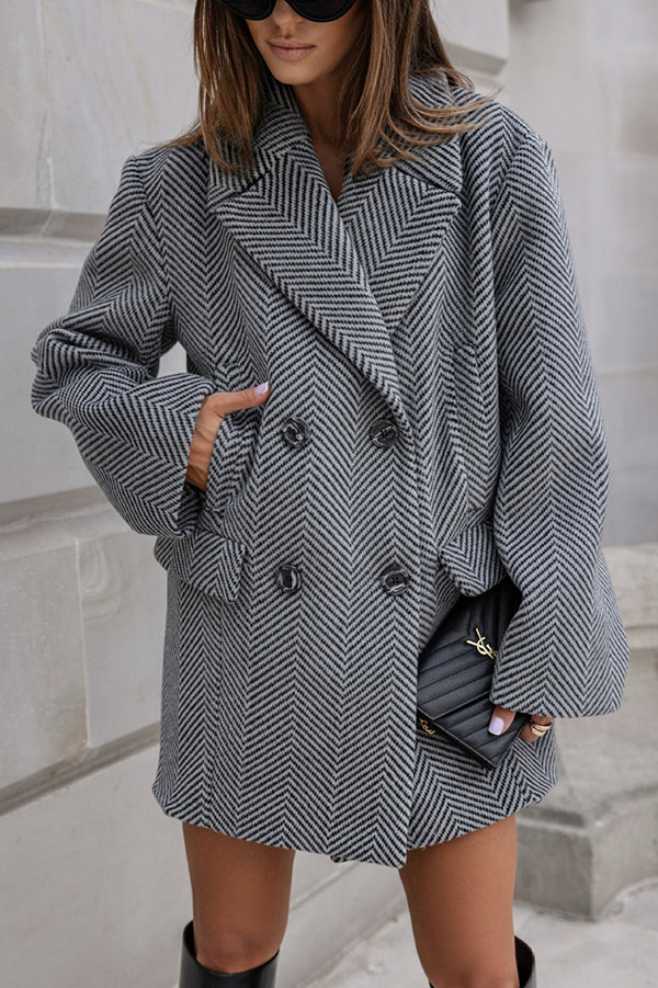 Fashion Stripe Print Lapel Pocket Coat