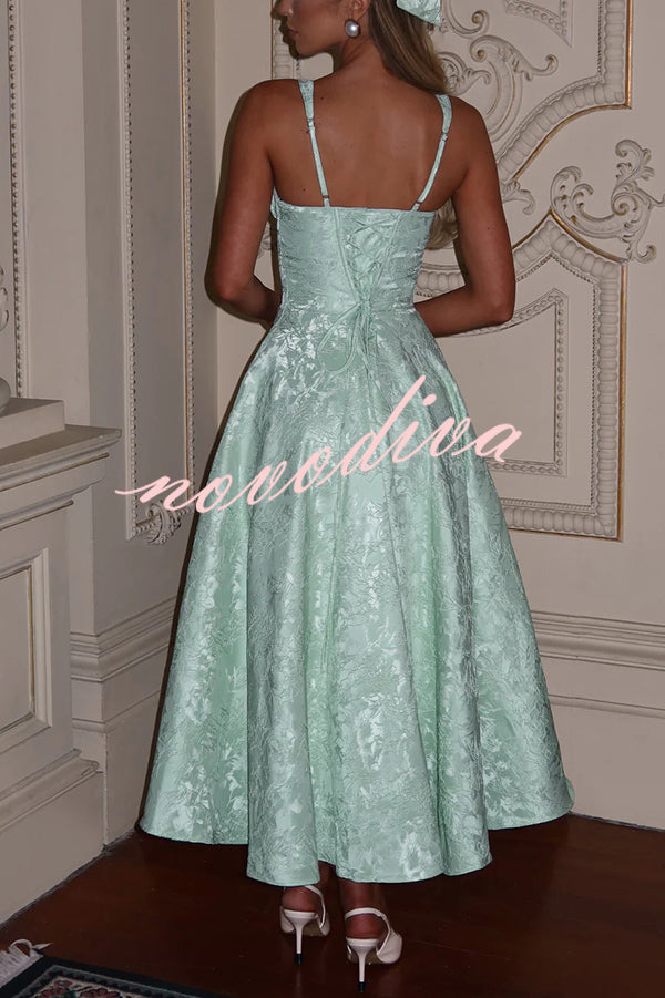Palace Style Jacquard Fabric Backless Tie Slim Midi Dress