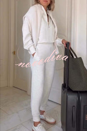 Ivory Marl Fleck Half-Zip Neck Long Sleeve Sweatshirt and Elastic Waist Pocket Jogger Set