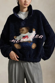 American Retro Polo Bear Pattern Stand Button Neck Long Sleeve Fleece Pullover